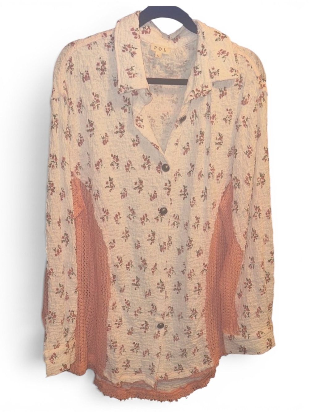 POL Lg Floral Button-Up Blouse - White and Pink